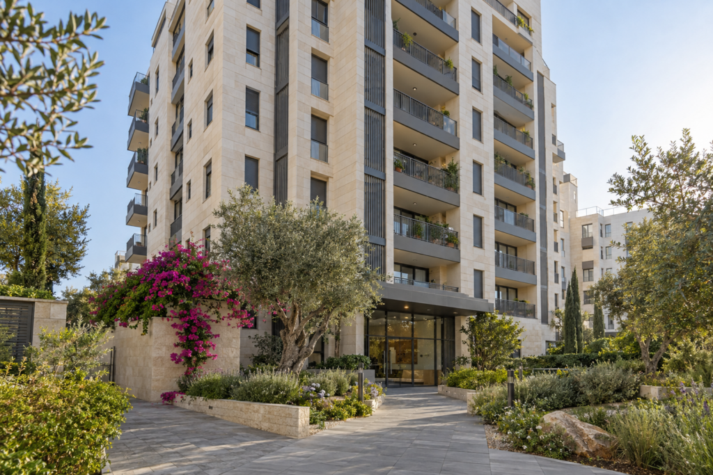 הדמיית AI של בניין מגורים בסגנון ישראלי להמחשה