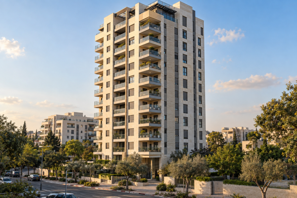 הדמיית AI של בניין מגורים בסגנון ישראלי להמחשה