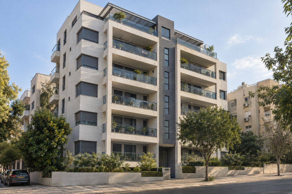 הדמיית AI של בניין מגורים בסגנון ישראלי להמחשה
